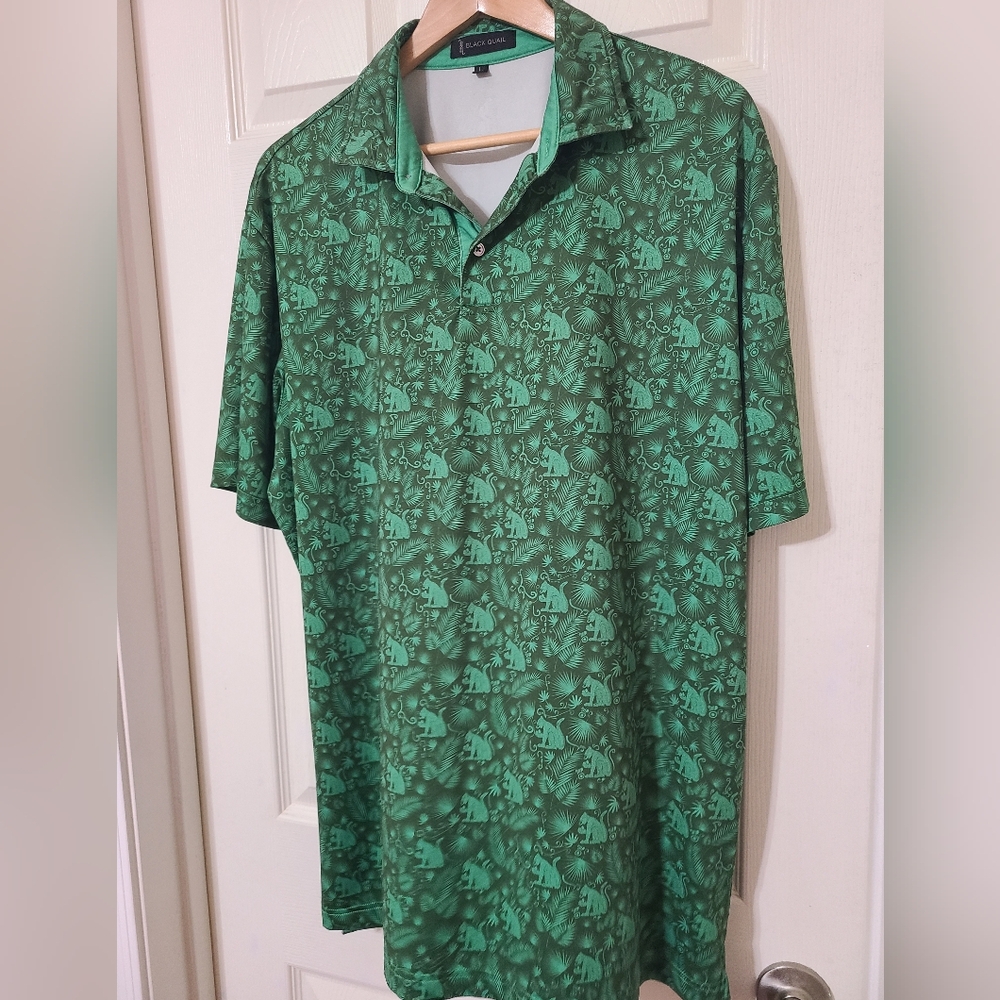 Black Quail golf polo Large green Animal Print